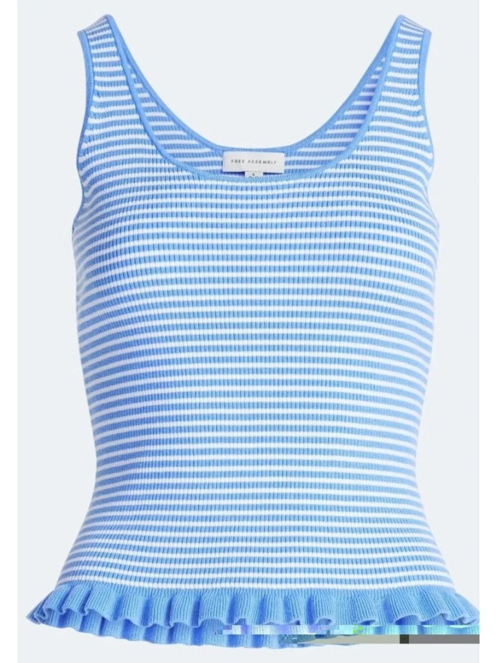 Free Assembly Women's Ruffle Hem Knit Blue White Stripes Tank Top Size Medium